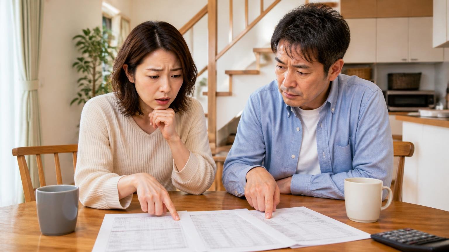 悪い評判が少ないことをそのまま信じてはいけない理由 木造戸建てのダイニングで見積書を見比べる 30代女性と40代男性の2人 書類を指さして話し合う