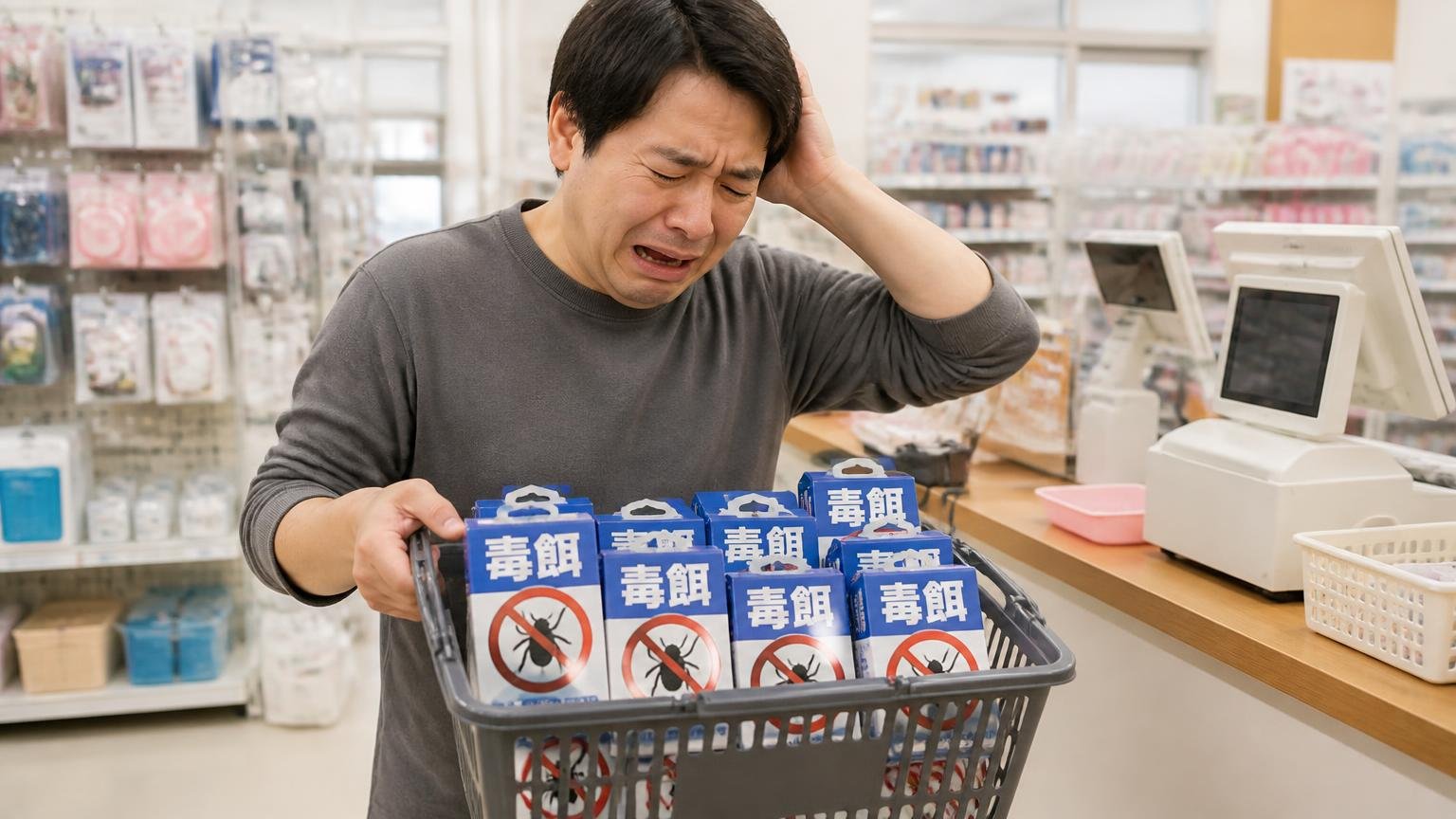 毒餌を買い足し続けて損をする 100円ショップのレジ前 買い物客1人 同じ商品を何個もかごに入れてため息をつく