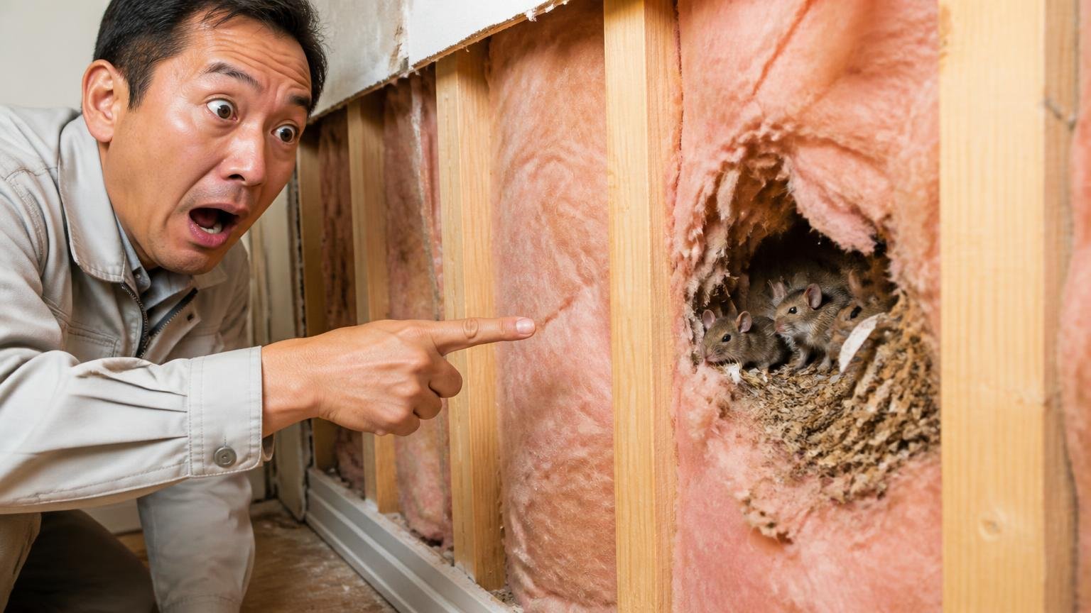 超音波が届かない場所こそねずみが住みたがる場所 住宅の壁の中と断熱材 作業員1人 指さす