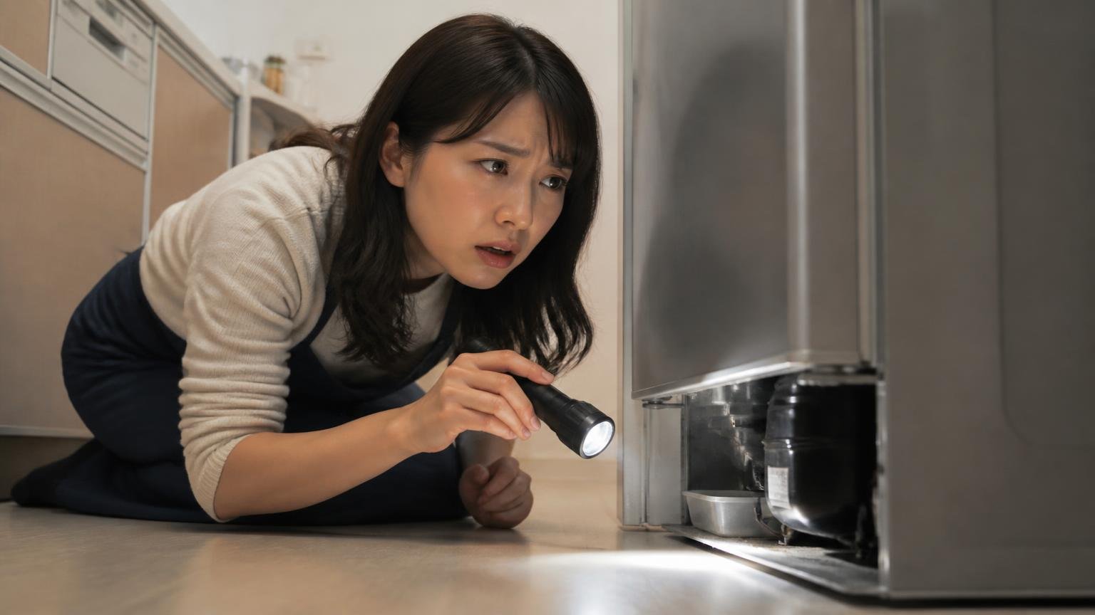 冷蔵庫の裏は音の死角。住宅の台所で冷蔵庫の隙間を懐中電灯でのぞき込む30代女性が困惑した表情