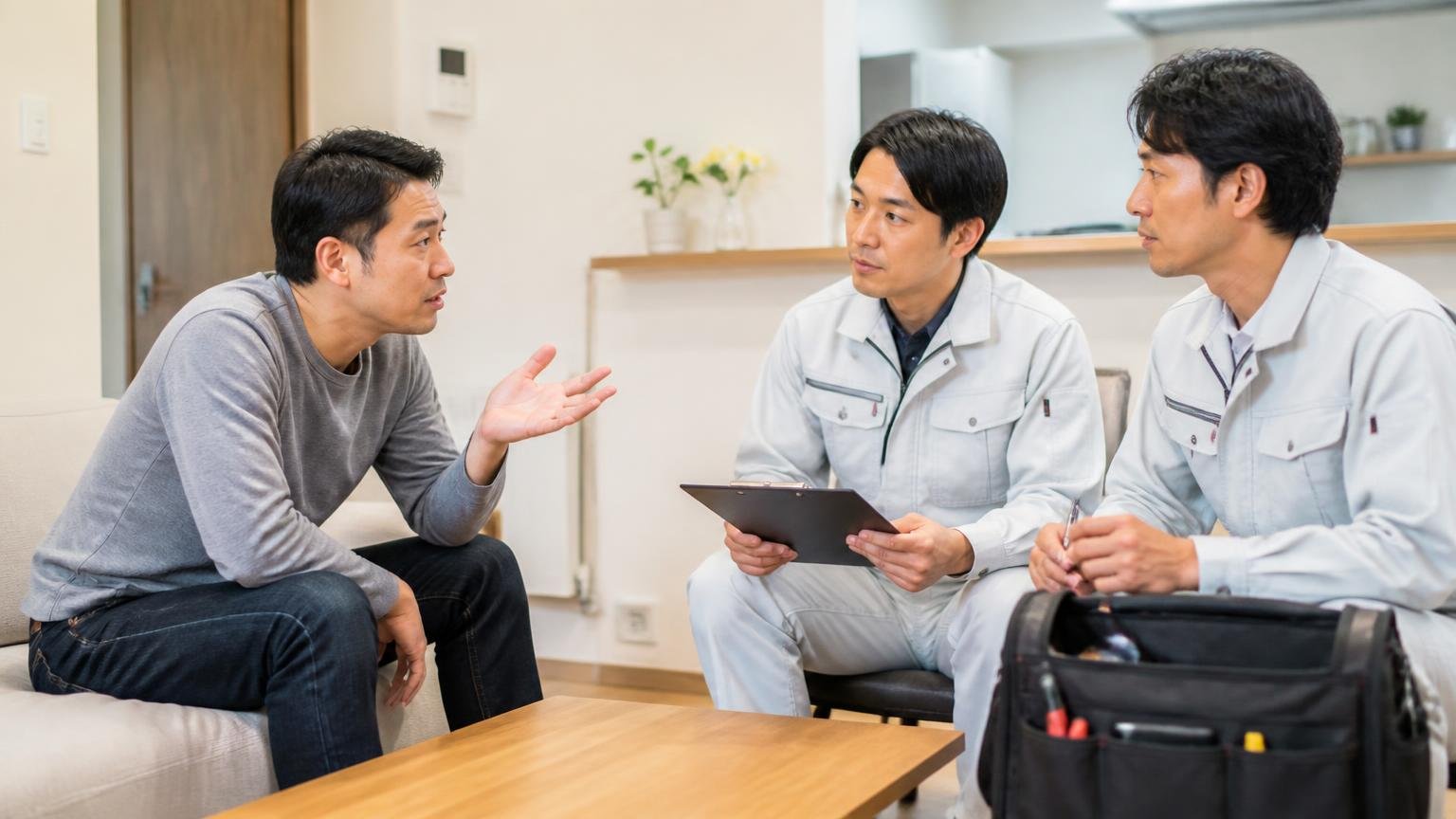 別事業の評判は切り分けて考える|リビングで作業員に直接質問して確かめる住人と作業員2人