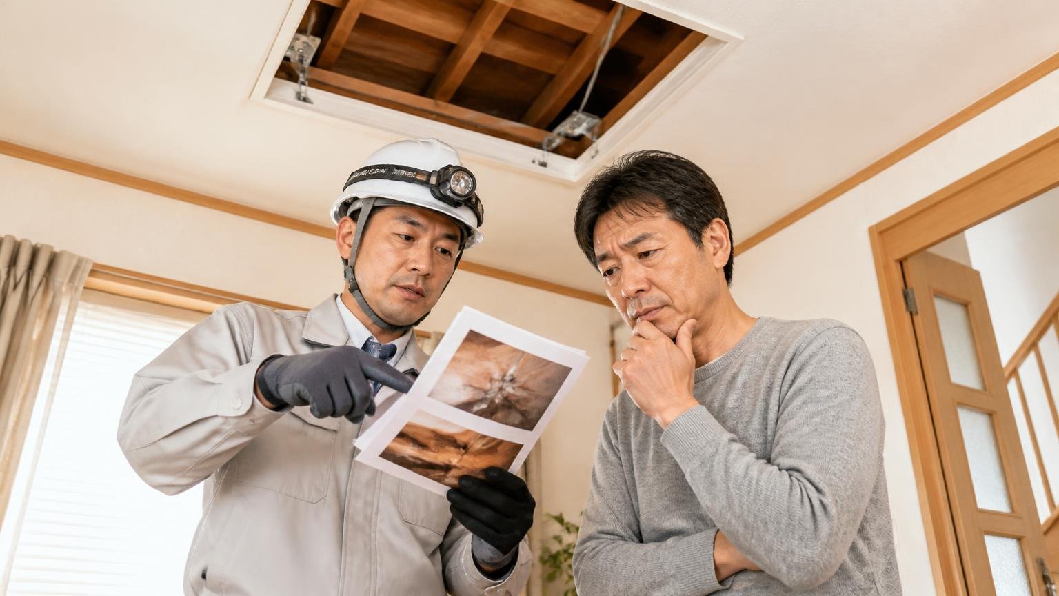 だからこそ種類を見分けるが最初の工程になる、木造戸建ての天井点検口の下で作業員と40代男性が写真を見ながら確認する