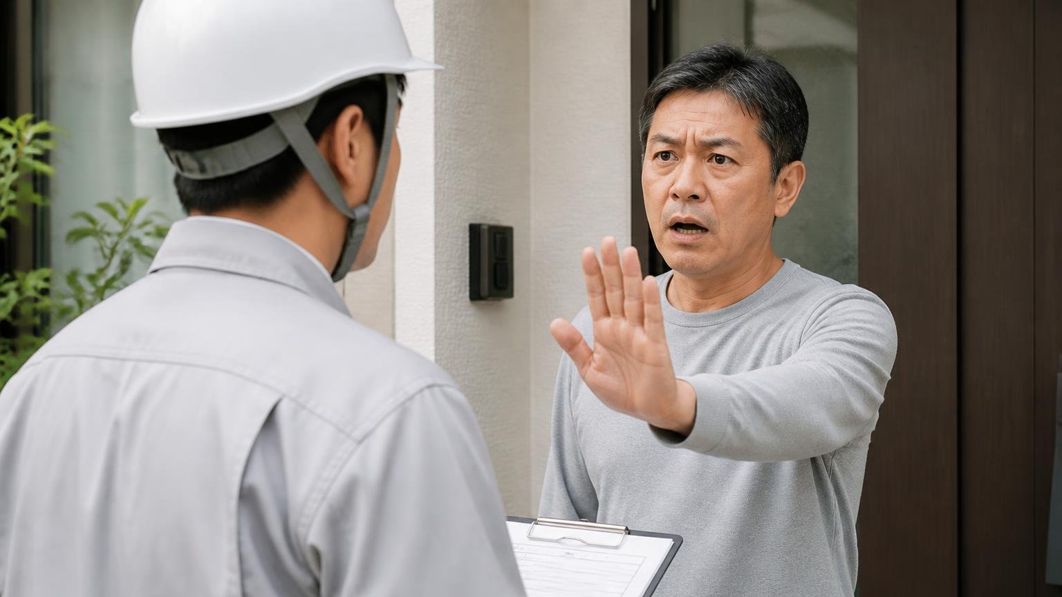 他社と比較できなかったという警告 玄関先で作業員と向き合う住人1名 手のひらを前に出して待ったをかける
