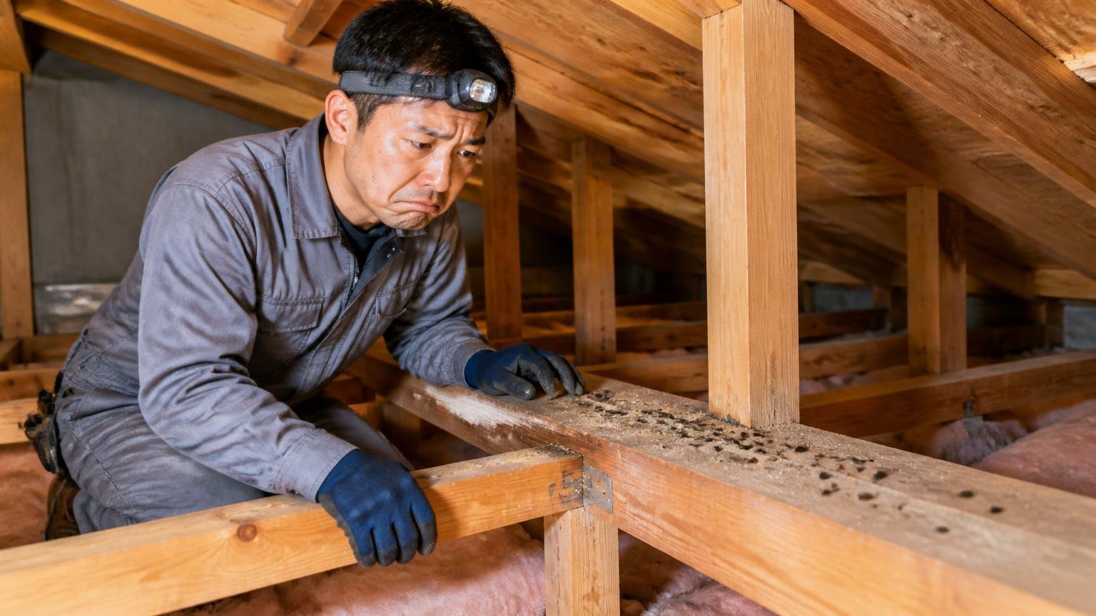 ネズミがにおいに慣れてしまった・木造戸建ての天井裏の梁の上・作業する人1人・同じ場所に残るフンを見て肩を落とす