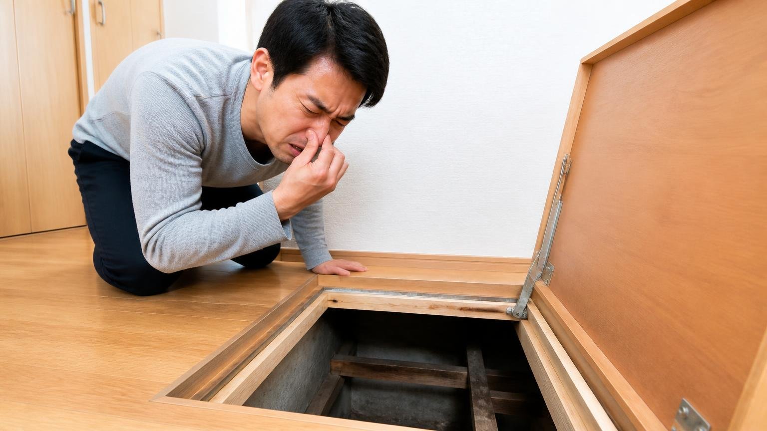 死骸の後始末が不安という声/住宅の床下収納をのぞく男性1人が鼻をつまみ顔をしかめる