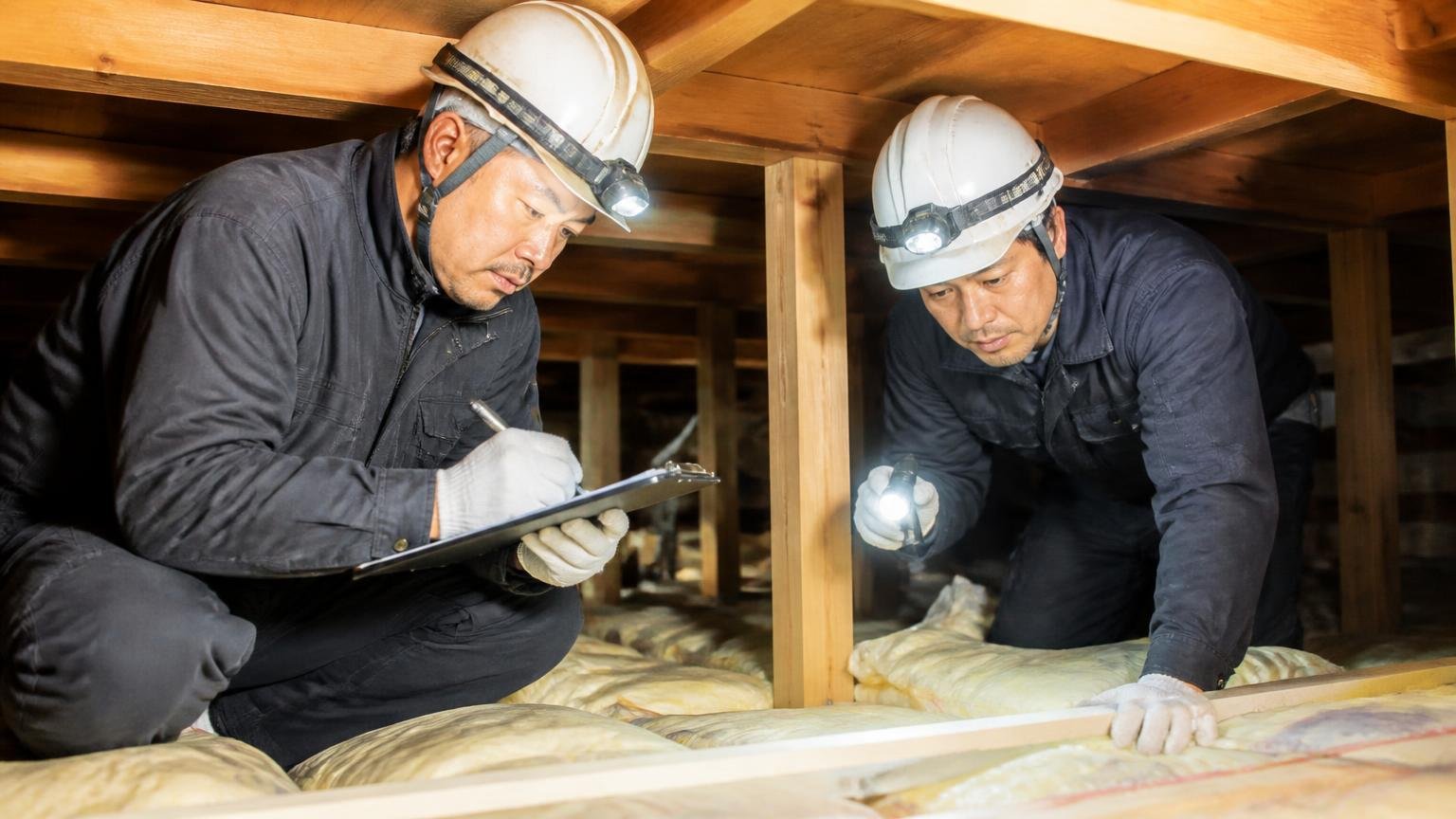 プロでも一発では終わらない現実。木造戸建ての天井裏で作業員2人が記録を取り真剣な表情