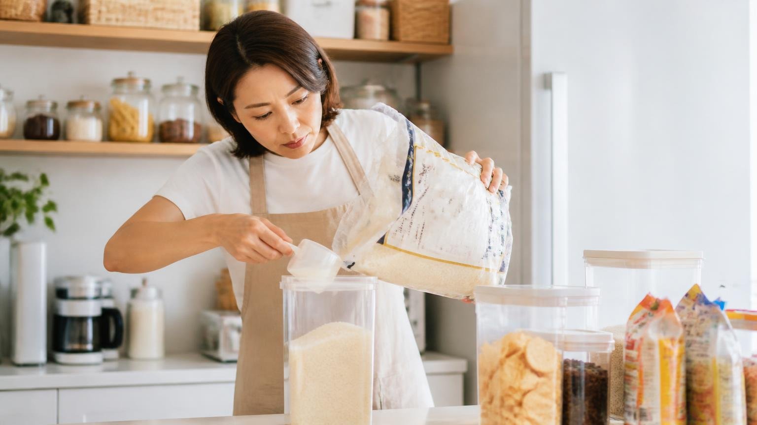 他のエサを断つことが先。台所で米袋やお菓子を密閉容器に移し替える女性1人が真剣な表情で作業している