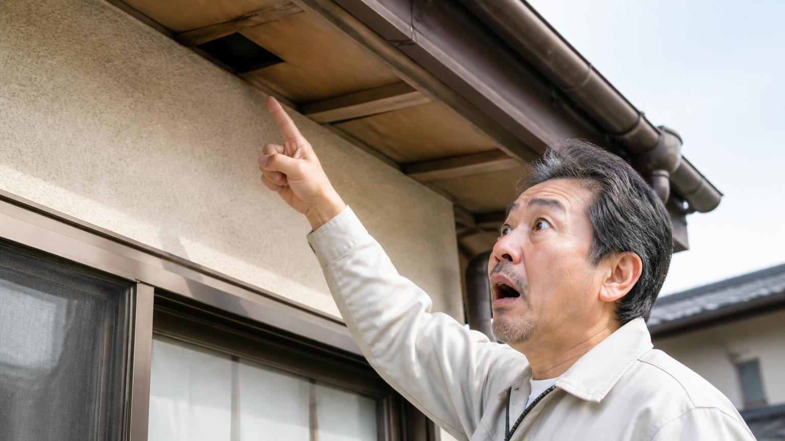 コウモリの侵入経路。住宅の軒下のすき間を見上げて指さす50代男性1人が驚いた表情