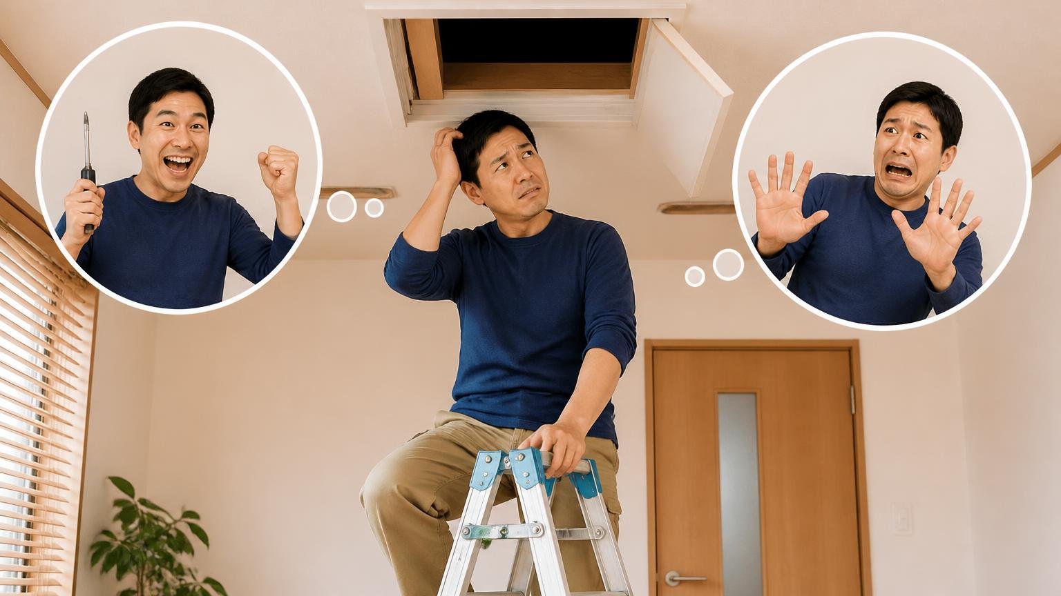 自力対応が向いている人と向いていない人。木造戸建ての天井点検口の前で男性1人が脚立の上でためらう