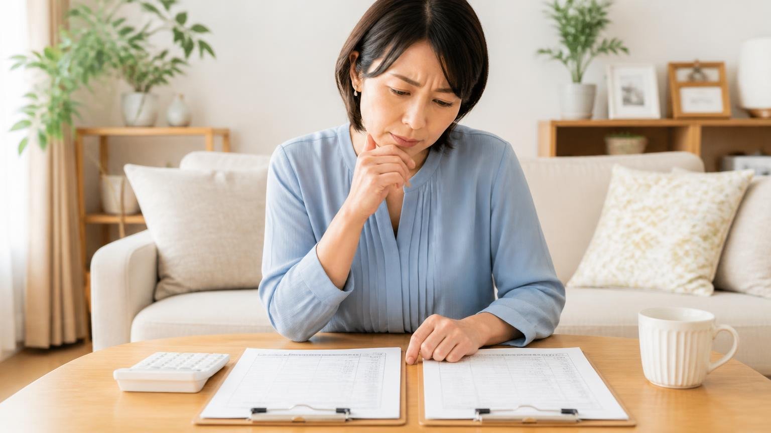 高いのか安いのかを判断するたった1つの方法。リビングで2社分の見積書を並べて見比べる40代女性1人