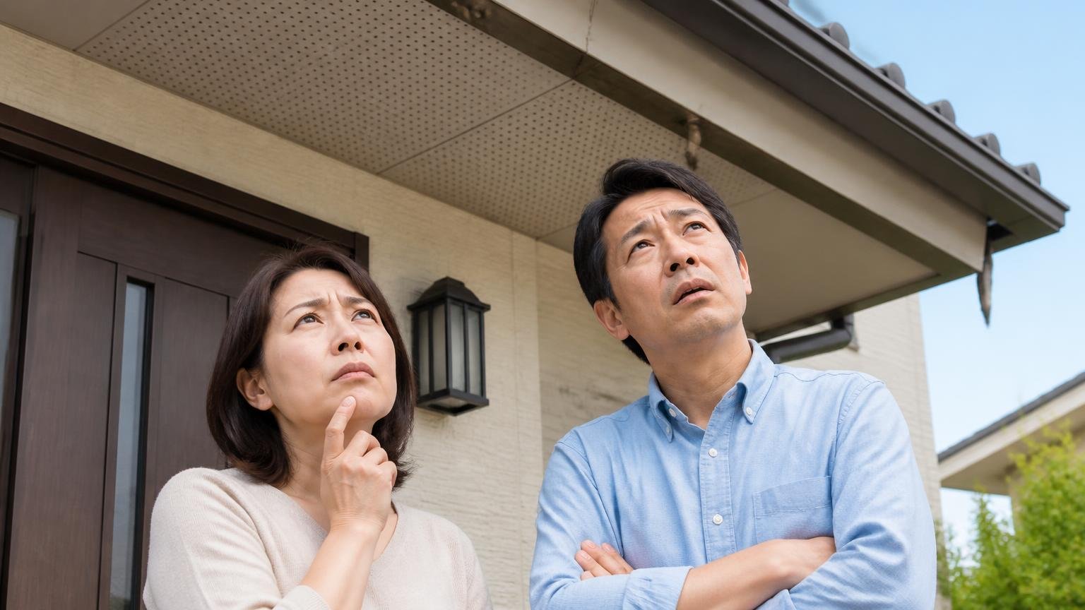 ネズミ以外だと法律の扱いが変わる。住宅の玄関前で屋根の軒下を見上げ、表情を曇らせる40代の男女2人