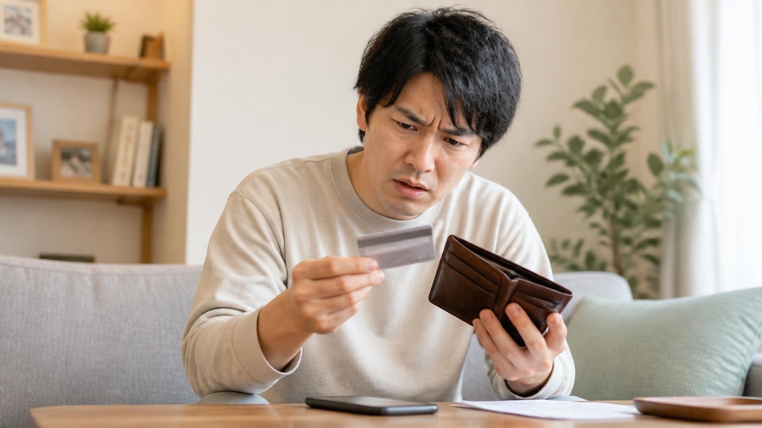 現金払いができなかったのは相性の問題 リビングで支払いをする住人1名 財布とカードを見比べて戸惑う