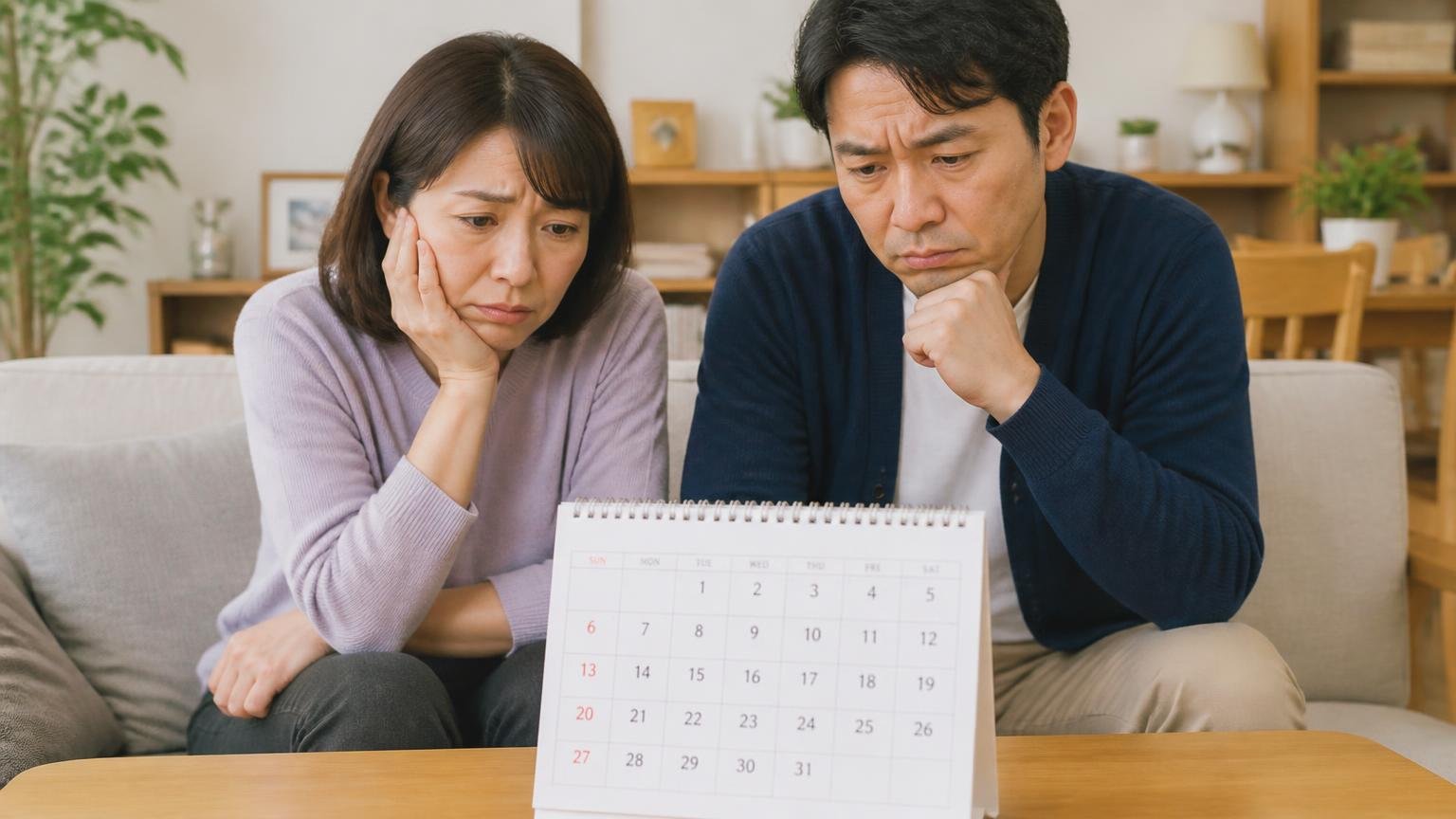 どのくらい待って見切りをつけるか。リビングでカレンダーを見ながら悩む夫婦2人が浮かない表情