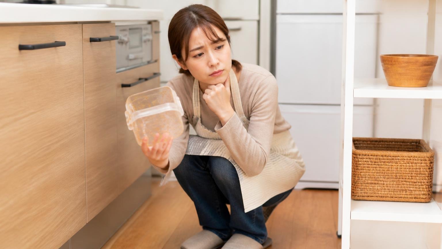 食べた量が足りているか分からない、台所の床にしゃがむ女性1人が残った容器を手に持ち考え込む