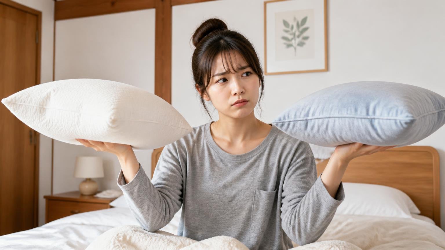 迷ったら顔が触れる面かどうかで決める。木造戸建ての寝室で女性1人が枕を両手に持ち上げ真剣に思案する表情