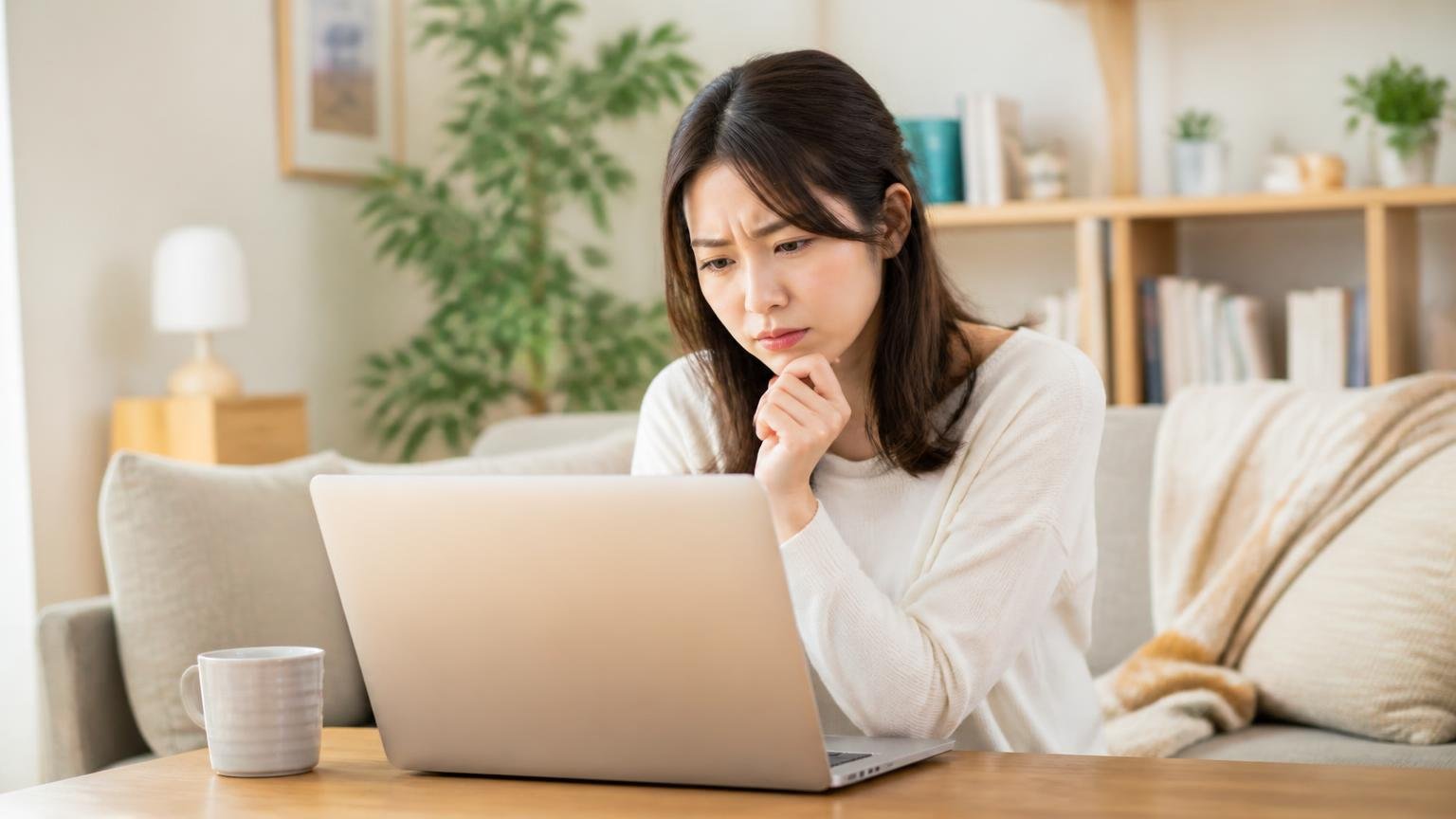 口コミ件数 リビングで女性1人がノートパソコンで口コミを読み比べる