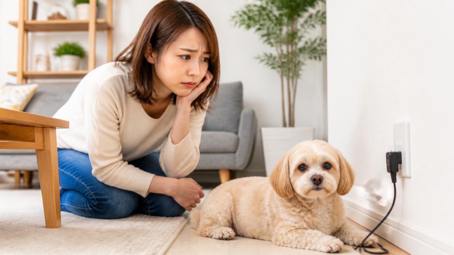 ペットがいる家はどうか 住宅のリビングでコンセント近くの犬を心配そうに見つめる30代女性と落ち着いた小型犬