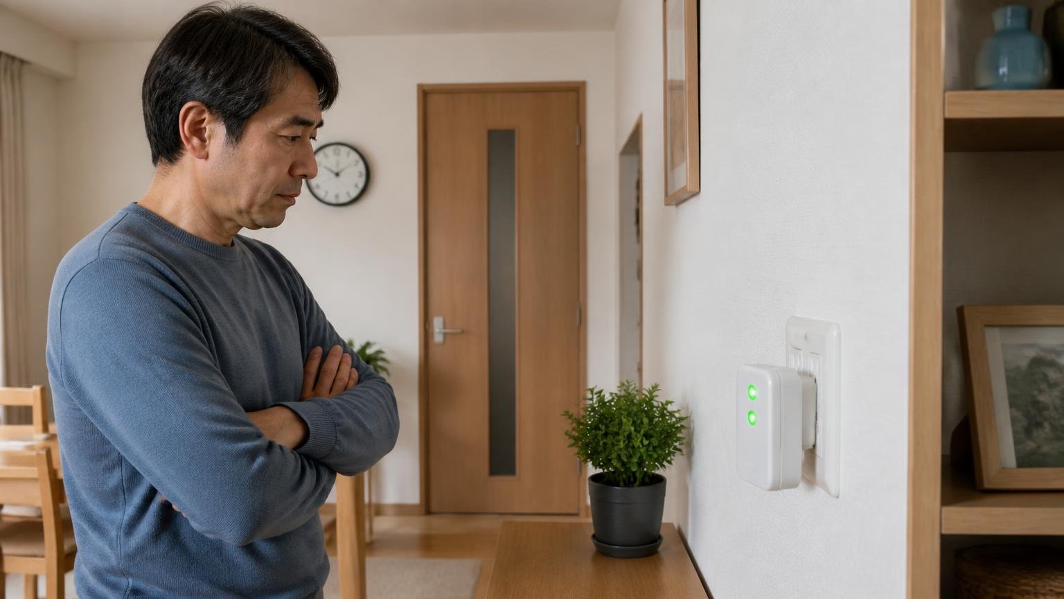 効いているか分からないまま時間が過ぎる。リビングの壁のコンセントで点滅する機器を腕組みして眺める50代男性