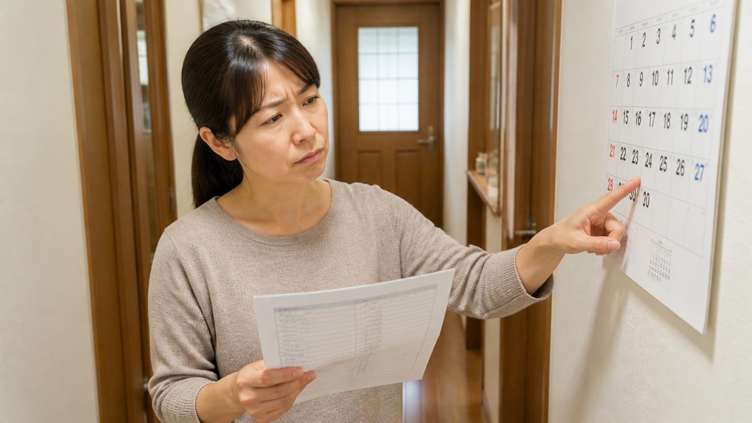 待つ日数が足りない。木造戸建ての廊下で女性1人がシートを見つめカレンダーを指さし考え込む