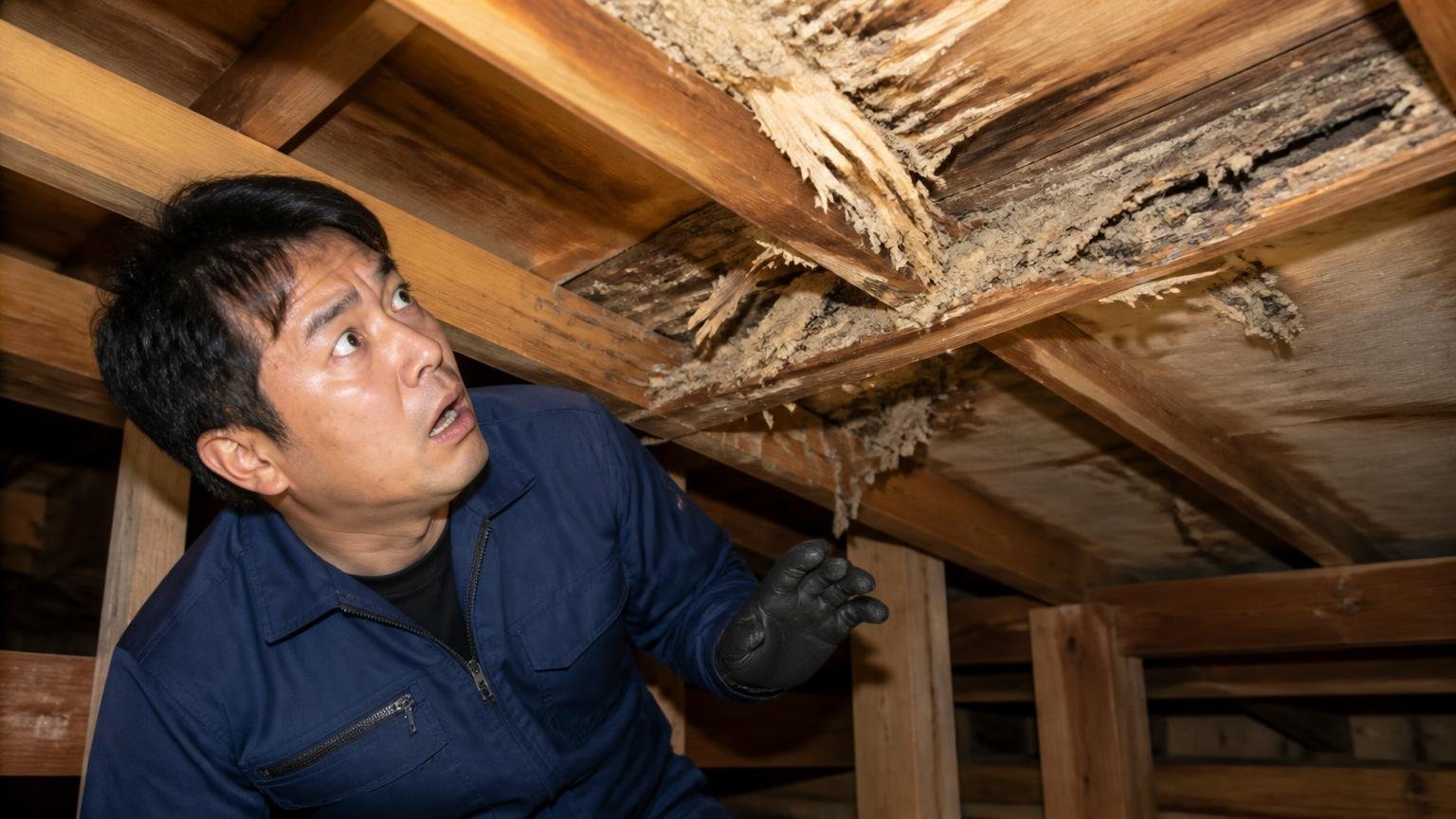 毒えさが効きにくいタイプかもしれない、木造戸建ての天井裏で男性1人が梁を見上げて愕然とする