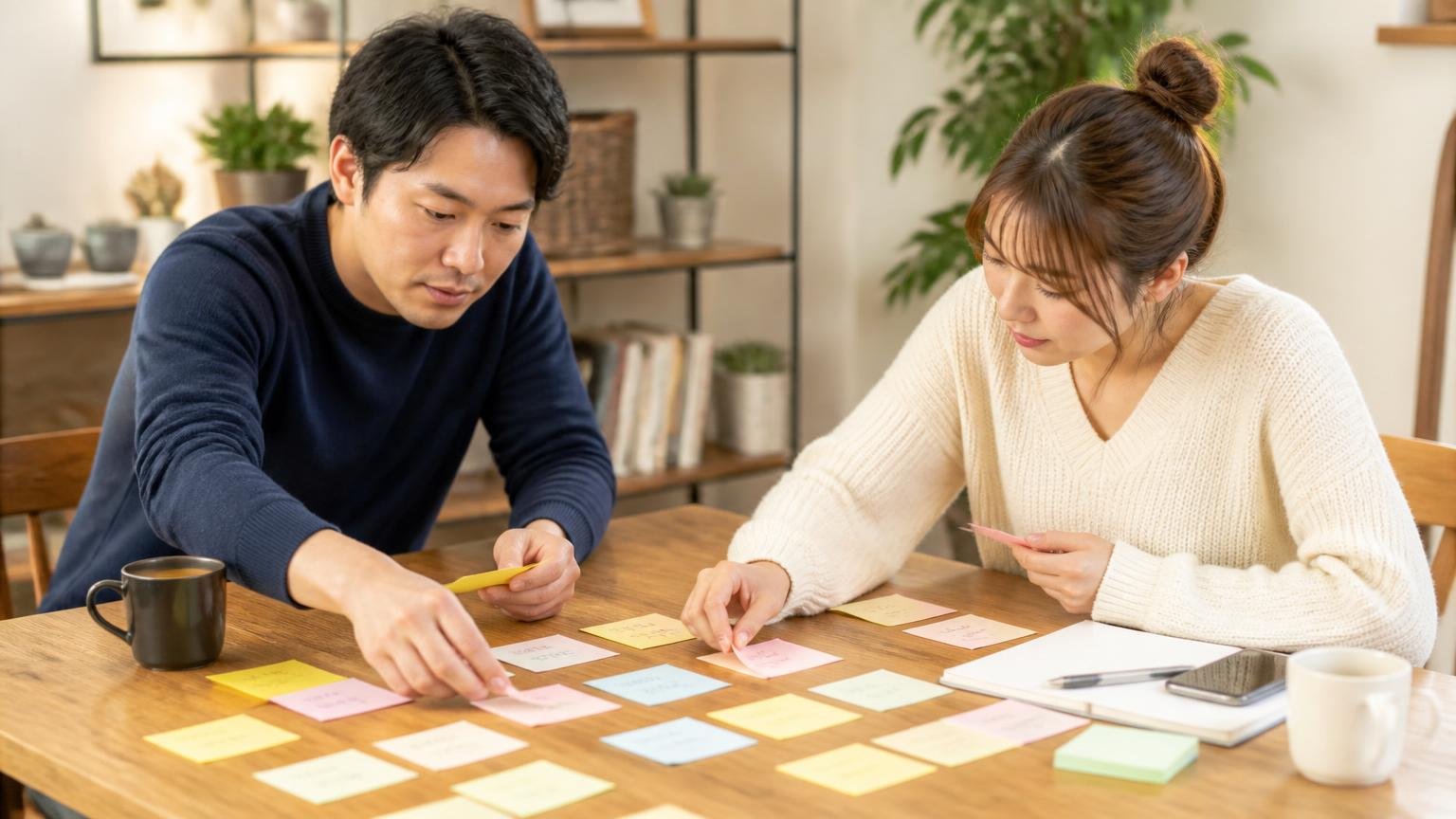 口コミの読み分け ダイニングテーブルで男女2人が付箋を貼りながら整理する