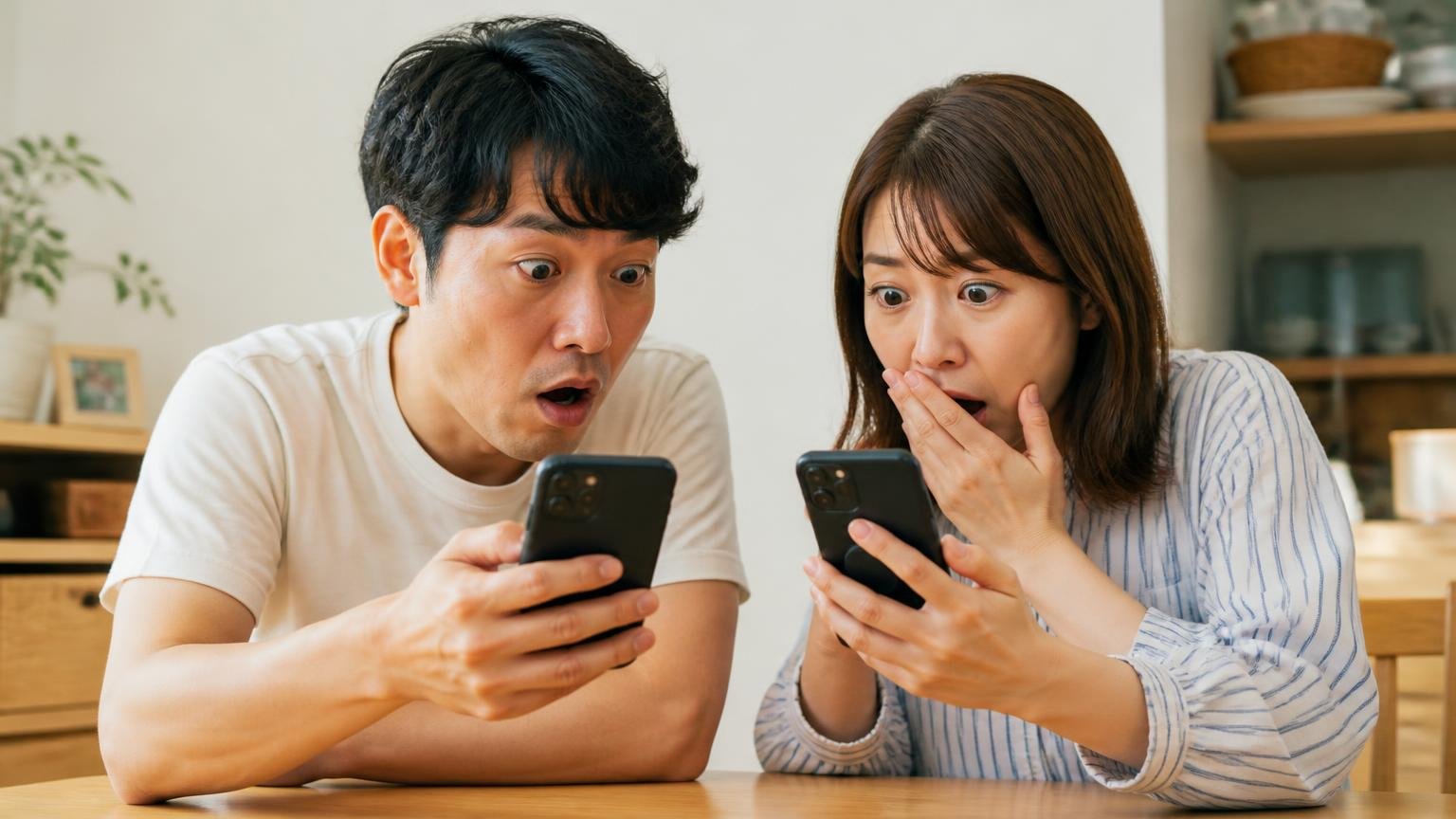 拠点で点数も件数もバラバラ。自宅のダイニングでスマホの評価を見比べる夫婦2人が驚いた顔