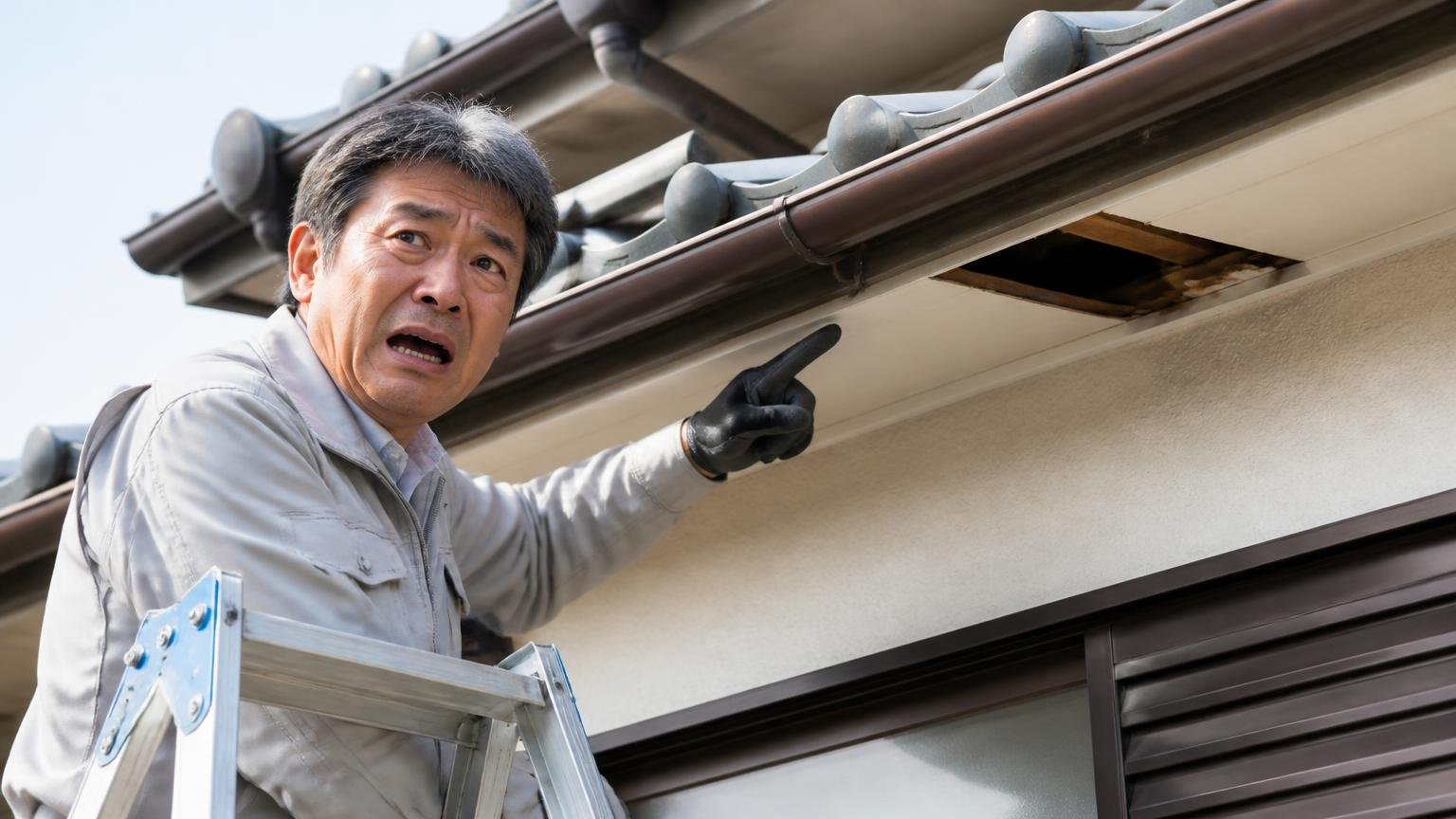 自分で穴をふさいでも別の穴が見つかる|戸建ての屋根まわりで50代男性が脚立に登り軒先のすき間を指さして険しい顔をする
