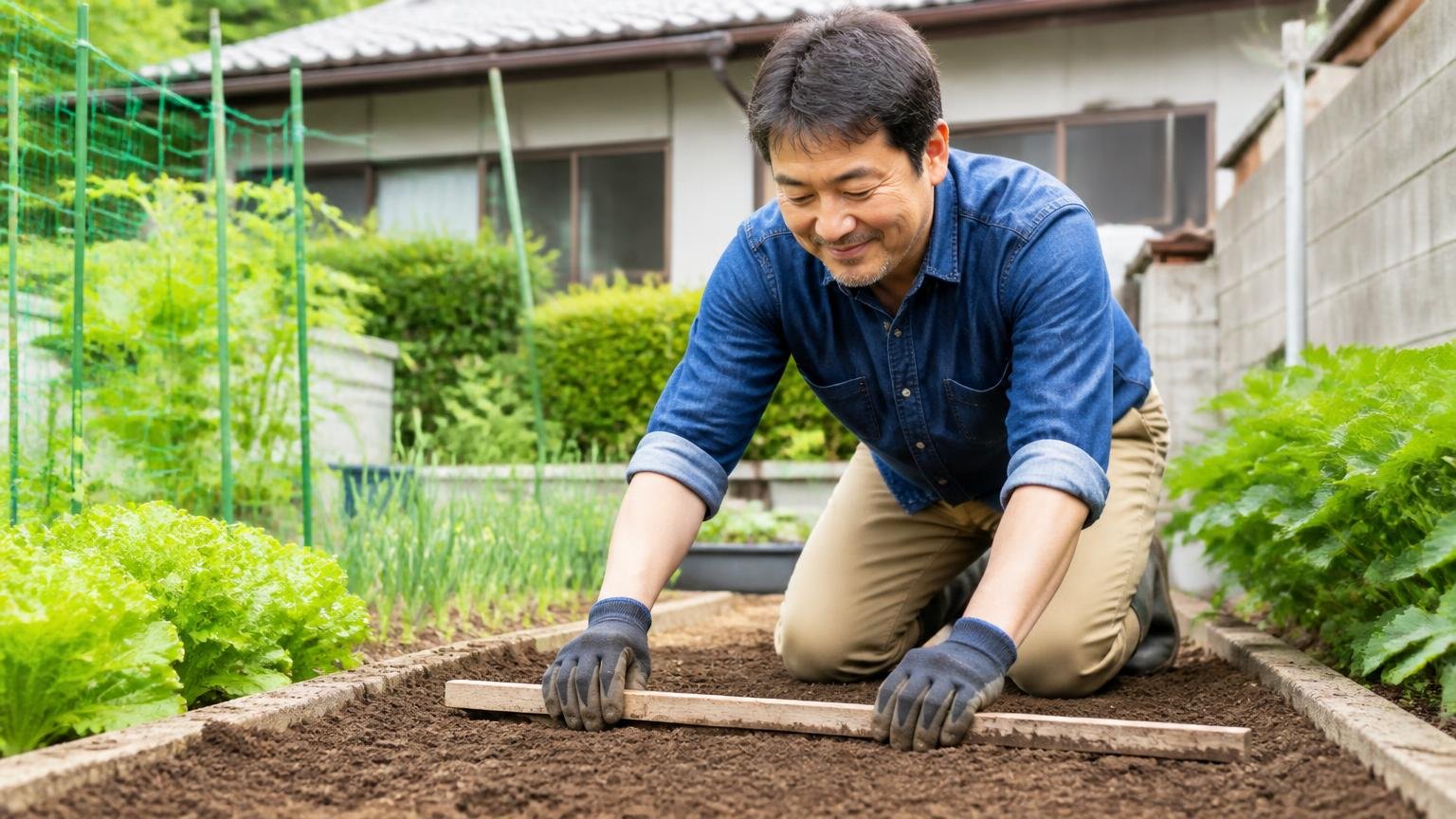 自力で対応できる可能性が高いモグラ被害のケース|小さな家庭菜園で土をならす住人1人が前向きな表情