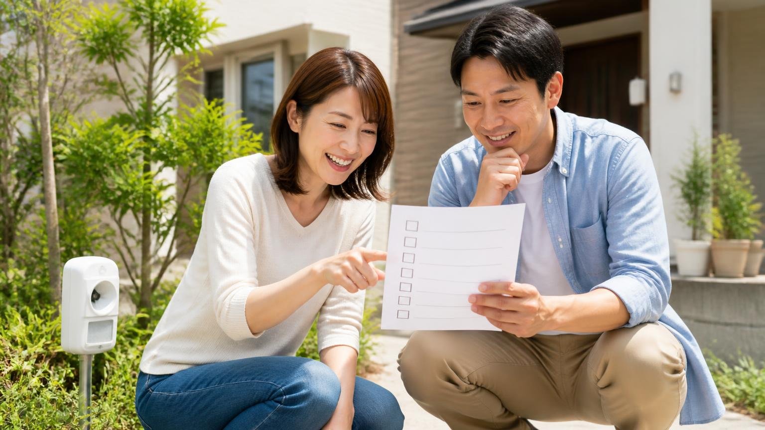 まだ忌避剤で粘っていい5つの条件。新しめの木造戸建ての庭先で夫婦2人がチェックリストを見ながら前向きに話す