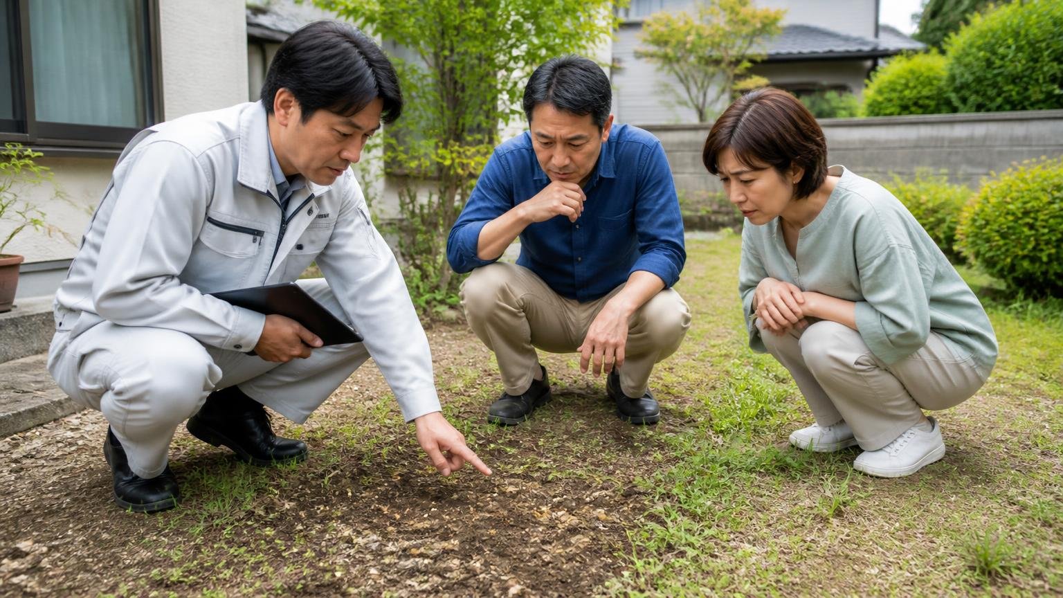 無料の現地調査で分かること 戸建ての庭で作業服の担当者と住人2人が地面を確認している