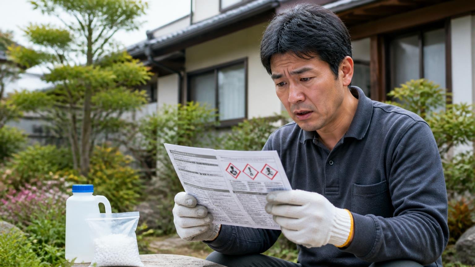 公的機関が示すナフタリンの取り扱い上の注意 住宅の庭 男性1人 手袋をはめて注意書きを読む