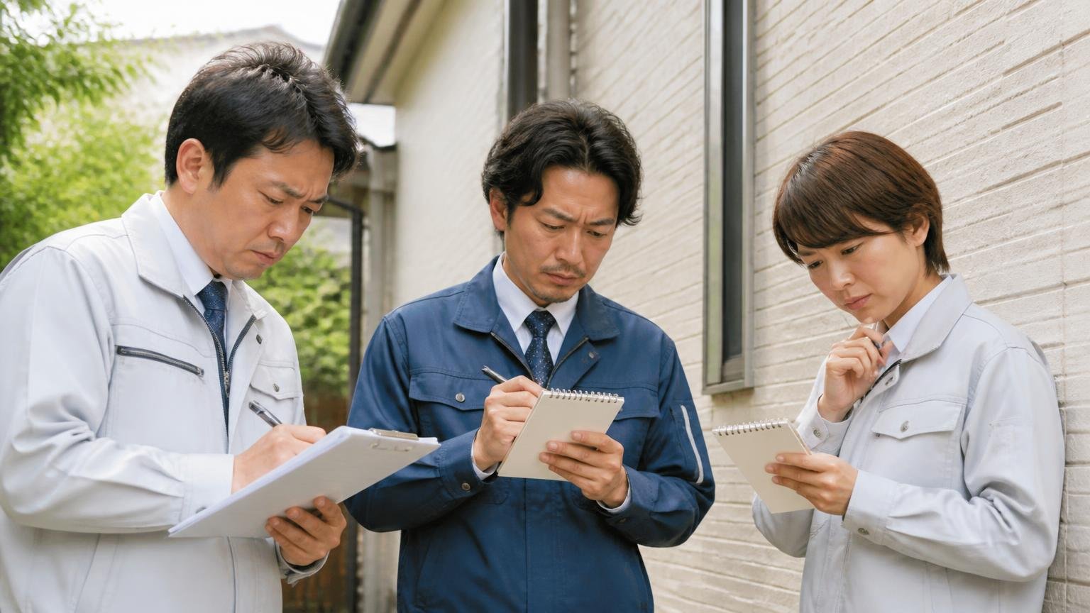 担当者差はどの会社でも起きる。家の外壁まわりで点検する作業員3人が各自メモを取り比べる