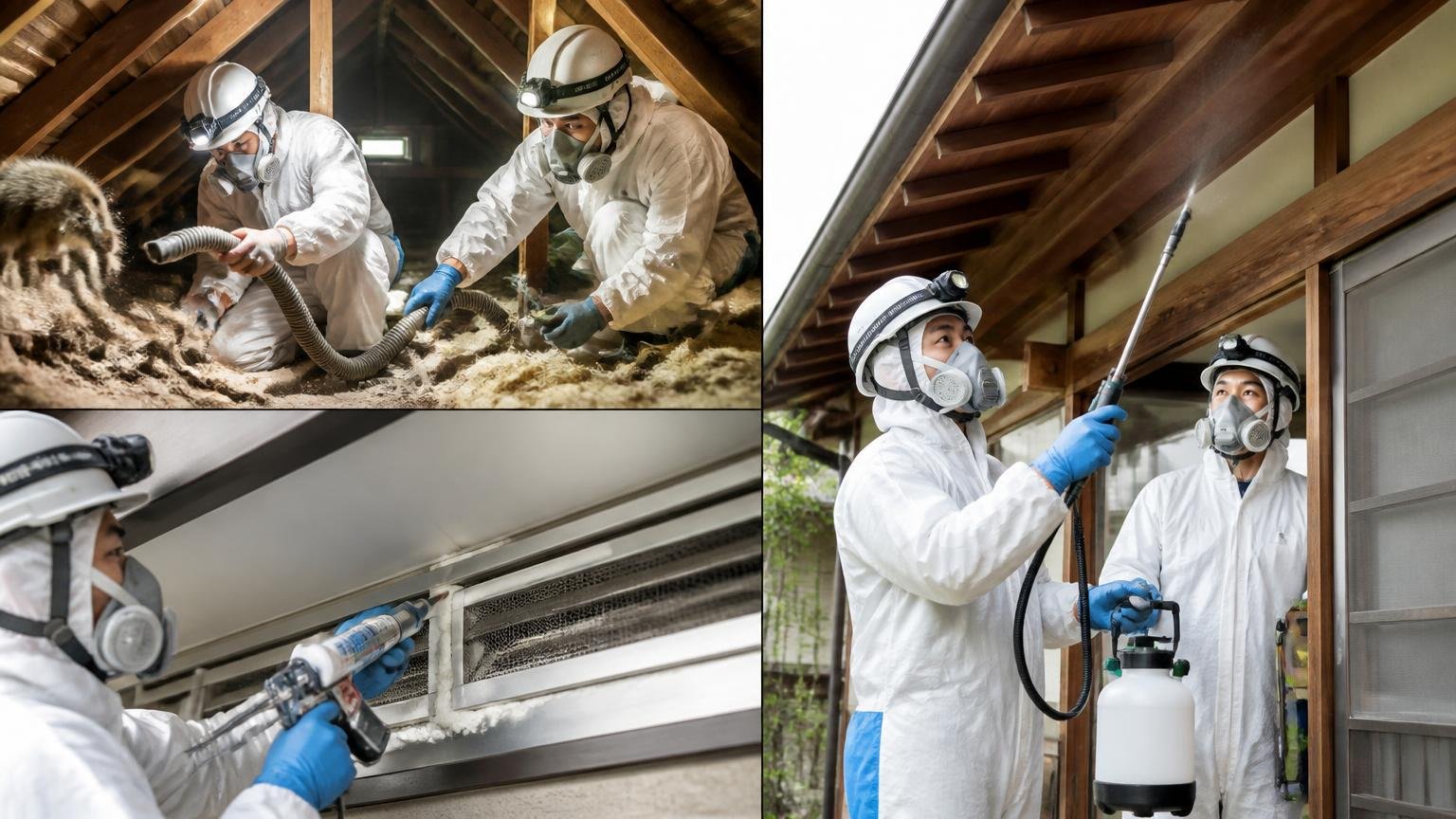 追い出す→ふさぐ→清掃消毒の3工程 木造戸建ての天井裏と軒下 作業員2人が防護服で工程を確認し合う