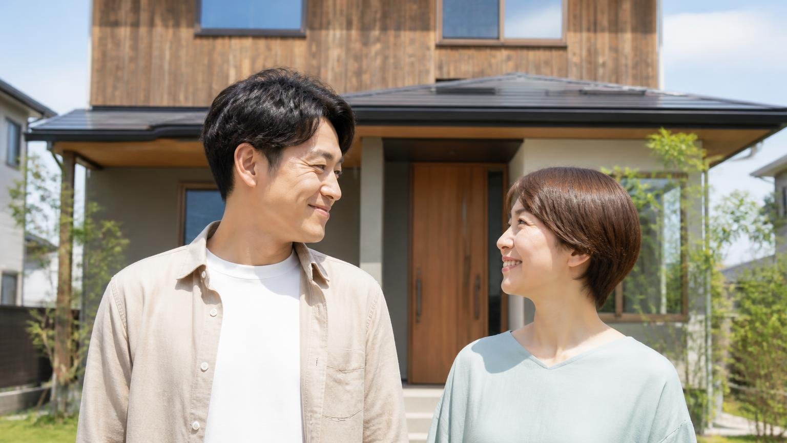 向いている人の条件を確認する。木造戸建ての前で夫婦2人が納得した表情で頷き合う
