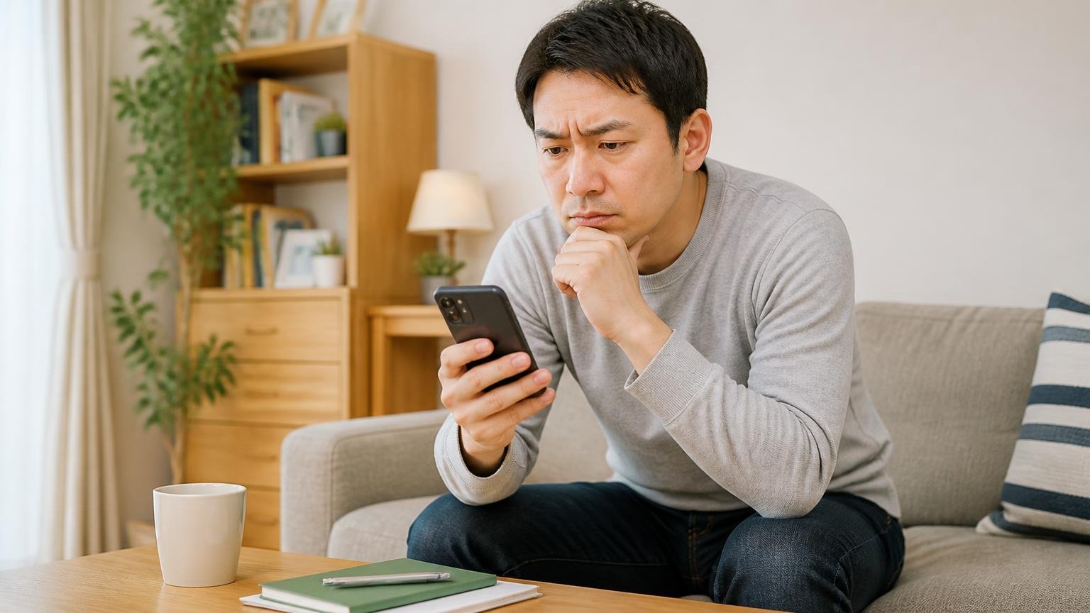 コウモリは法律で守られている。自宅のリビングで男性1人がスマホで自治体のページを読み表情を引き締める