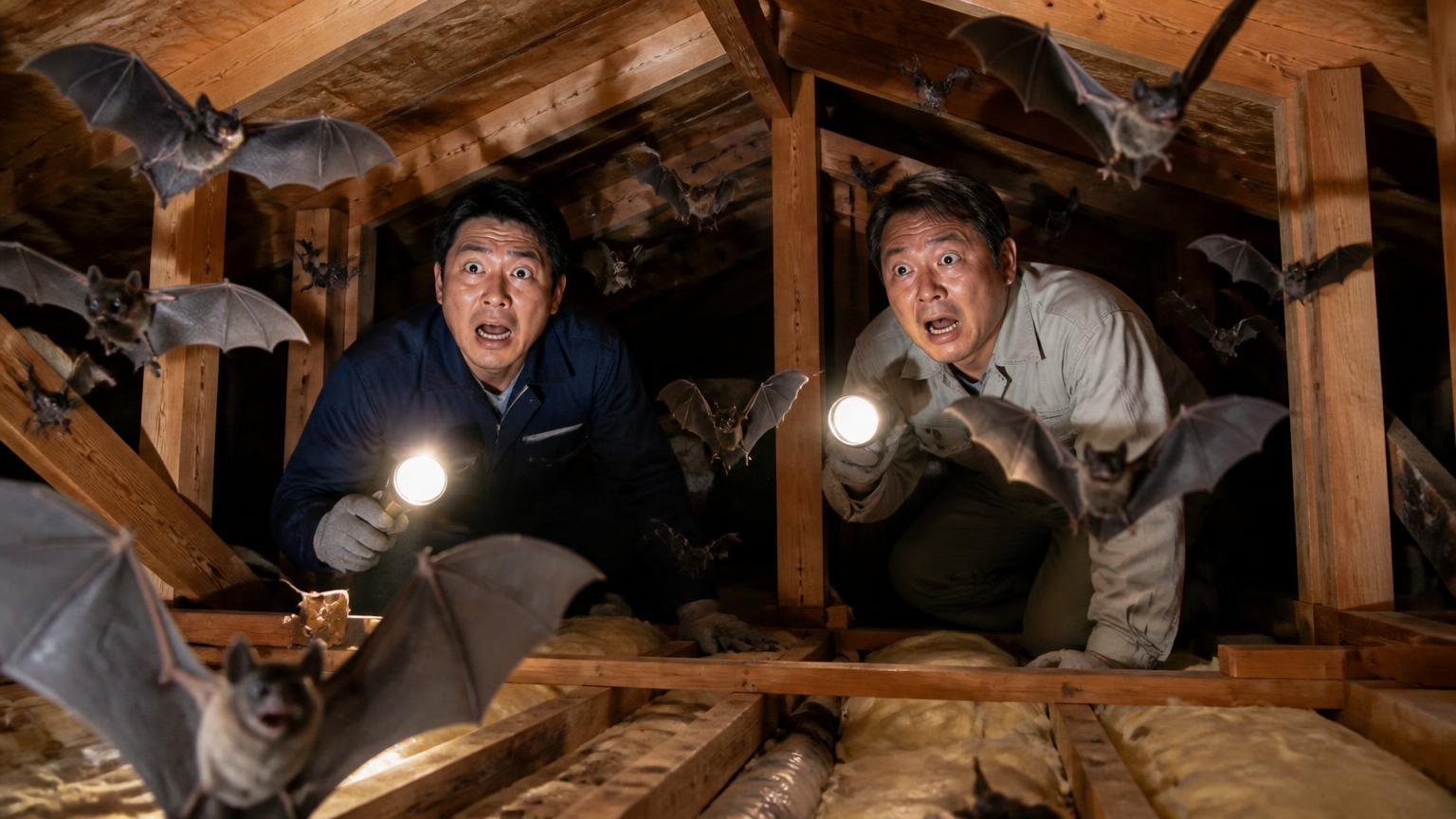 家の中にいるコウモリはテグスでは出ていかない|木造戸建ての天井裏|男性2人が懐中電灯で内部を照らし驚く