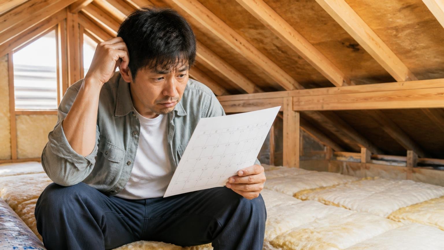 やる時期を間違えるとうまくいかない|木造戸建ての屋根裏で男性1人がカレンダーを手に考え込む