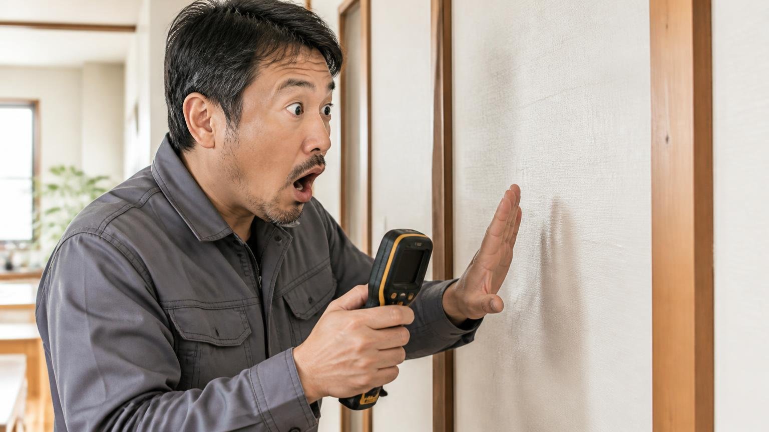 超音波は壁を突き抜けないと知る場面。木造住宅の壁際で手をかざし反射を確かめる40代男性が驚く