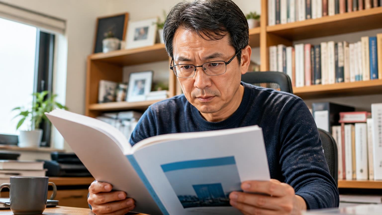 東京都の防除指針の記述 自宅の書斎で行政資料の冊子を読み込む40代男性が眼鏡越しに真剣な目をする