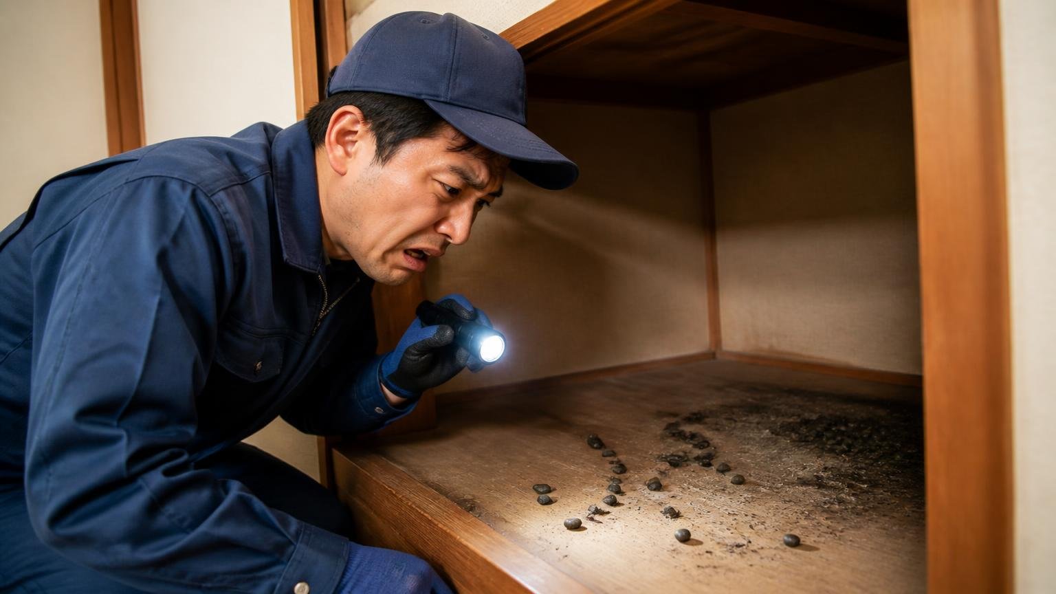 通り道か住み着きか 木造戸建ての押し入れ奥で作業員1人がフンを見つけ表情を険しくする