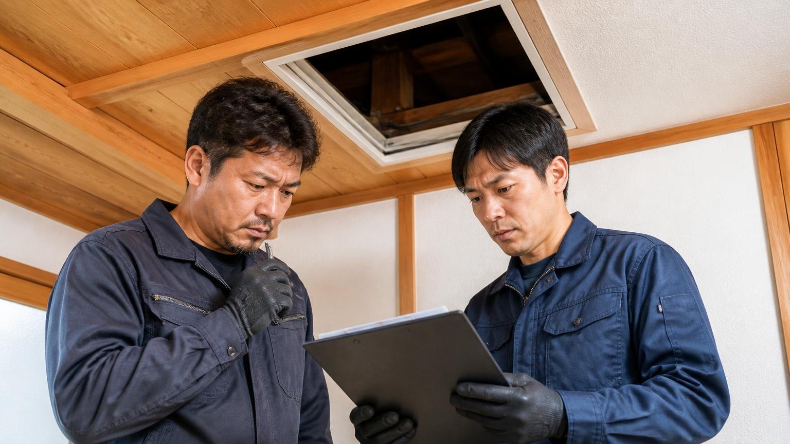 プロが殺鼠剤を使わない理由 木造戸建ての天井裏の点検口の前 作業員2人 手元の記録を見ながら真剣に話す