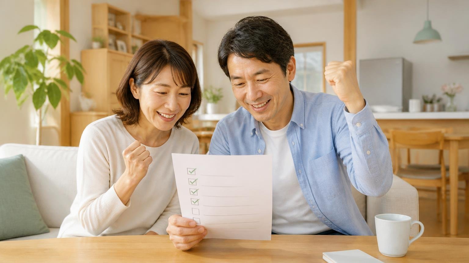 まだ挽回できる家の条件 木造戸建てのリビング 夫婦2人 チェックリストを見て安心する表情