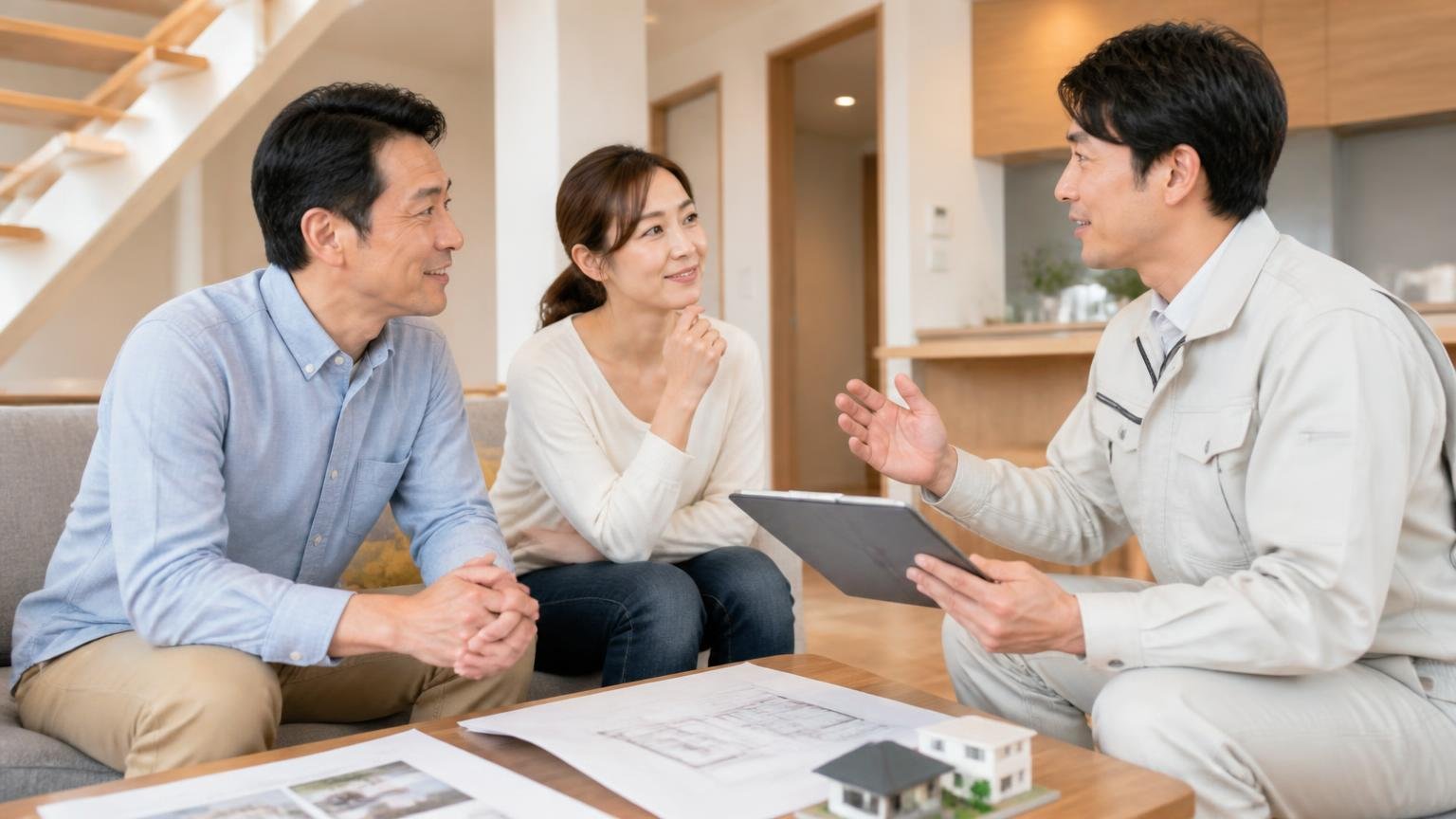 向いている人の5つの条件 木造戸建てのリビングで作業員の説明にうなずく 40代男性と30代女性と作業員の3人 納得した表情
