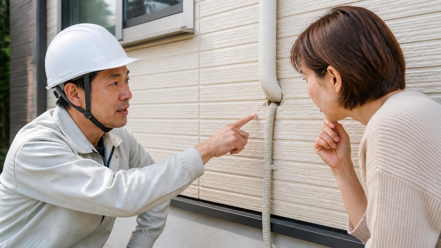 侵入口をふさぐ機能はない。木造住宅の外壁の配管まわりの隙間を指差して説明する作業員と施主
