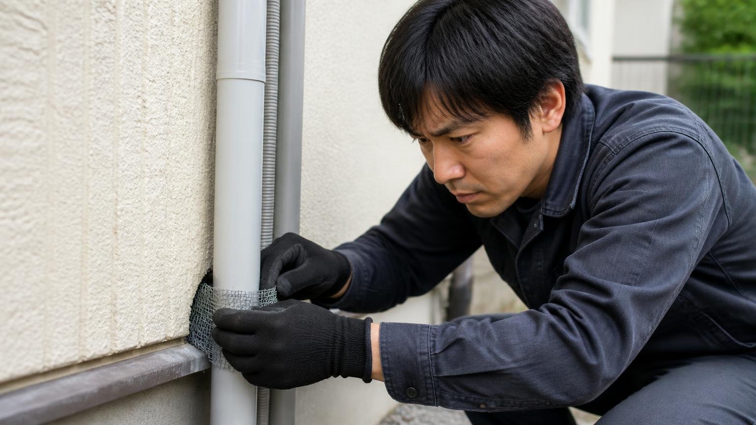 侵入口をふさぐ材料は安い。家の外壁まわりで配管のすき間に金網を詰める男性1人が真剣な表情