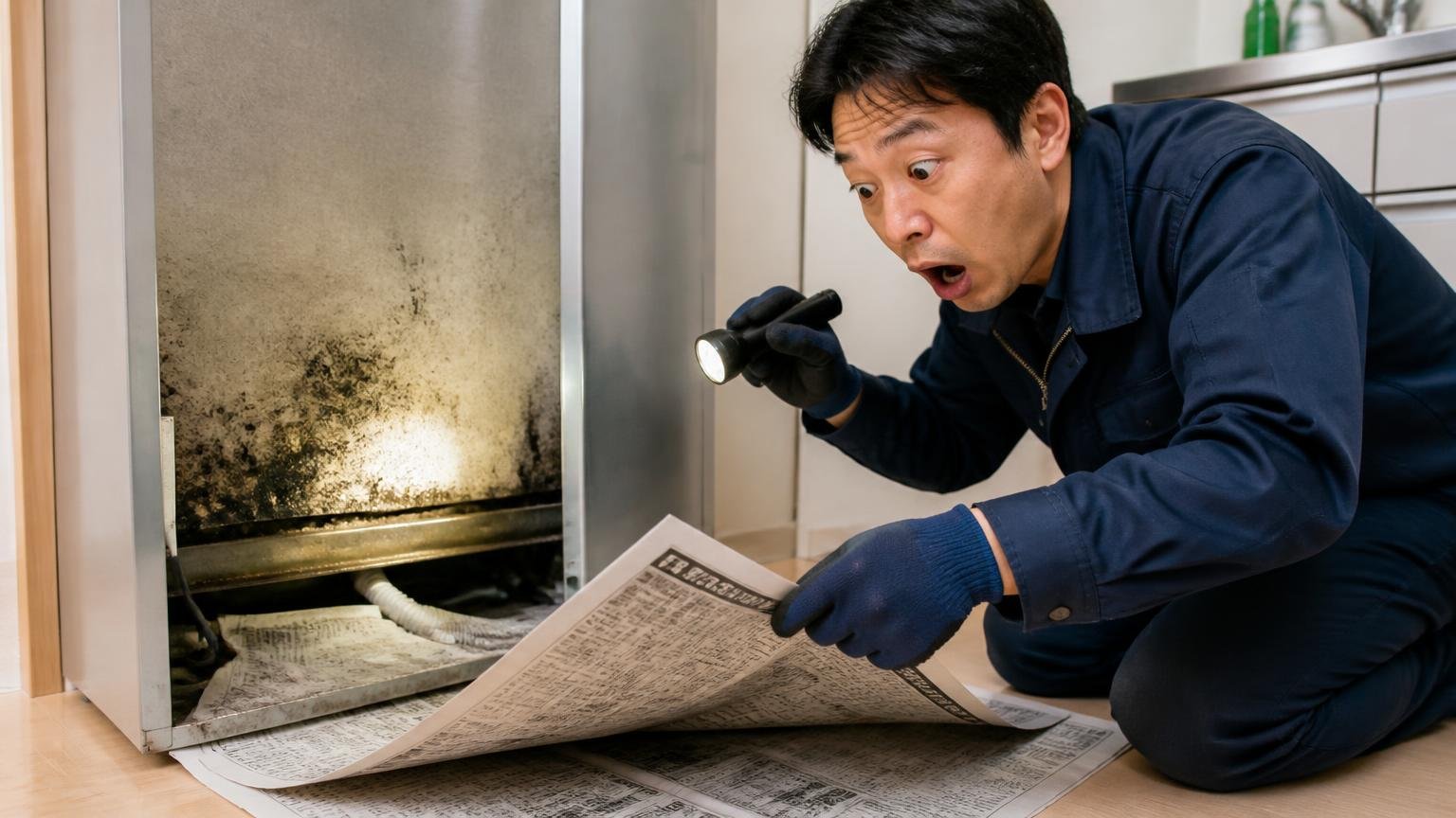 ラットサインを探し新聞紙を敷く。冷蔵庫の裏の黒い汚れを懐中電灯で照らす男性1人が発見に驚く