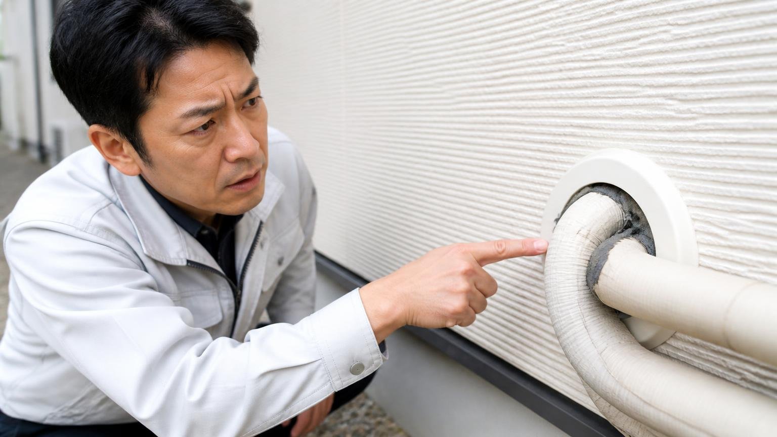 1.25cmのすき間が残っていればまた入られる、家の外壁まわりで点検する40代男性が配管の貫通部のすき間を指さす