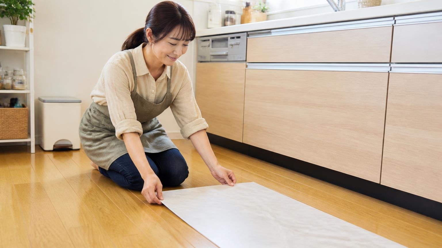 向いている人まずは110円で試していい段階 住宅の台所の床で 女性1人が 安心した表情でシートを置く