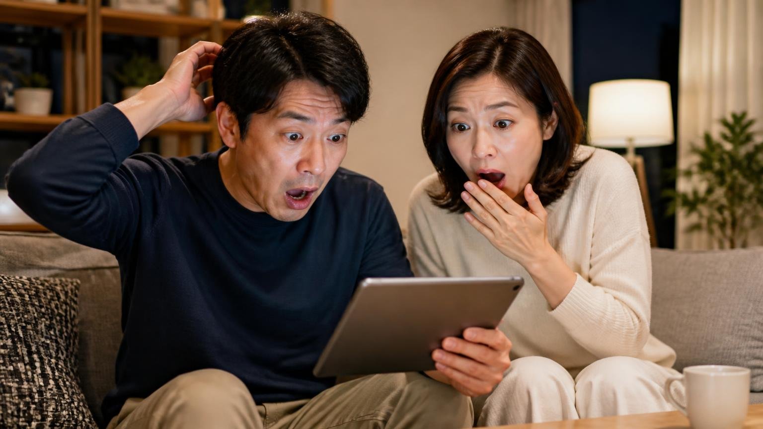 駆除サービスの相談件数が増えている|夜のリビングでニュース記事を見て驚く40代夫婦2人