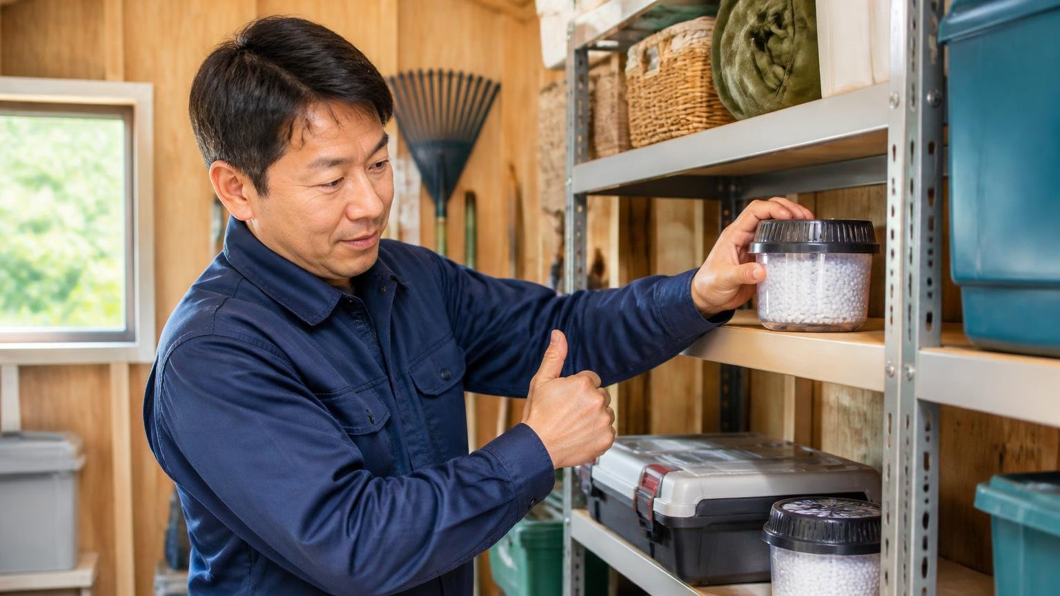 忌避剤が向いている家の条件を確認する場面 木造戸建ての物置で棚に忌避剤を置く40代男性1人 うなずきながら作業